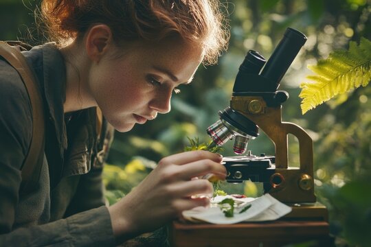 Young woman with freckles examining plant specimen under a vintage microscope in lush greenery.