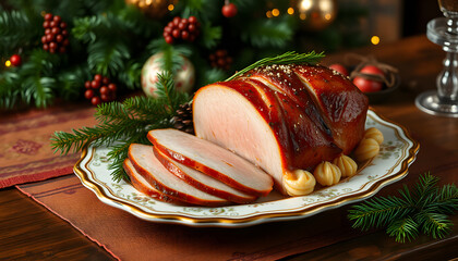 Glazed holiday ham, presented on the vintage porcelain platter, 8k. isolated with white highlights