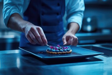 Chef delicately placing flowers onto a blueberry tart in a professional kitchen setting, focus on the tart details.