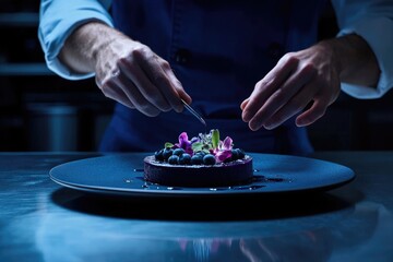 Chef carefully drizzles liquid onto blueberry and flower dessert, showcasing culinary artistry and exquisite plating for a gourmet experience.