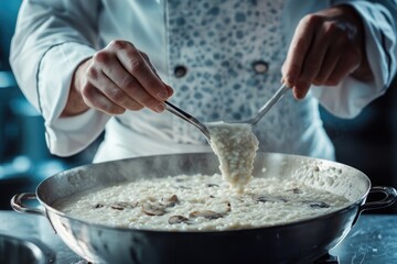 Chef prepares creamy mushroom risotto in a steaming pan, carefully lifting and stirring for a perfect, delectable dish.