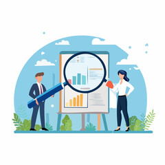 Data analysis, optimization or marketing analytics for statistics improvement, growth or KPI measurement result, chart or diagram concept, business people hold magnifying glass analyzing data char