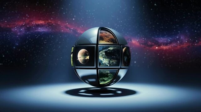 A sleek mosaic sphere floats at the cosmic scene's center, its tiers rotate with each segmented layer revealing planetary vistas of charted worlds and alien terrains, science and space exploration