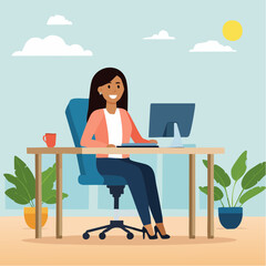 Work happiness or job satisfaction, passion or enjoyment working with company, employee wellbeing concept, happy businesswoman working with computer on smiling fac