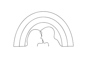 Couple silhouettes kissing under rainbow minimalist line art