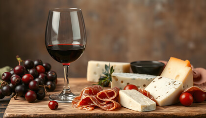 Elegant still life of rich red wine, creamy cheese, and savory prosciutto, detailed. isolated with white highlights