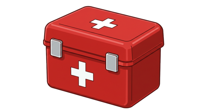 First aid kit emergency medical supplies red box healthcare safety equipment essential items treatment on transparent background