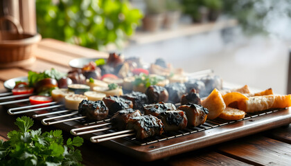 Savory plant-based barbecue delights sizzling on a rustic wooden table, silhouette. isolated with white highlights