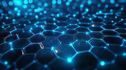 An abstract neural network illustration with glowing blue  hexagons connected by thin lines, symbolizing artificial intelligence and complex digital connections