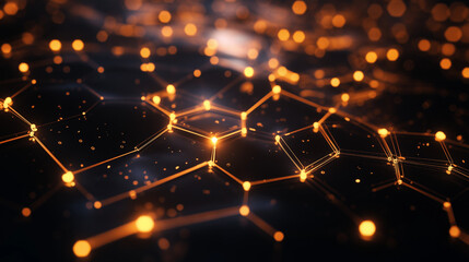 An abstract neural network illustration with glowing  hexagons connected by thin lines, symbolizing artificial intelligence and complex digital connections
