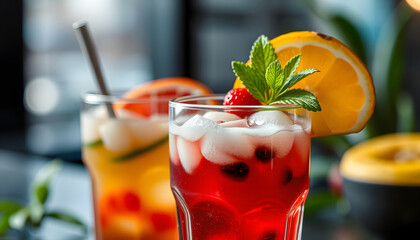 Icy beverages adorned with fresh fruit slices, professional photography. isolated with white highlights