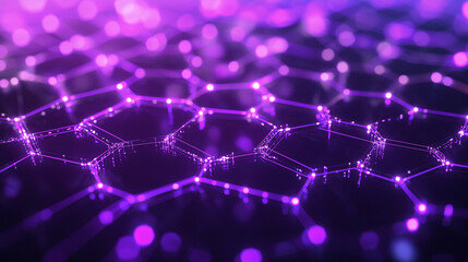 An abstract neural network illustration with glowing purple hexagons connected by thin lines, symbolizing artificial intelligence and complex digital connections