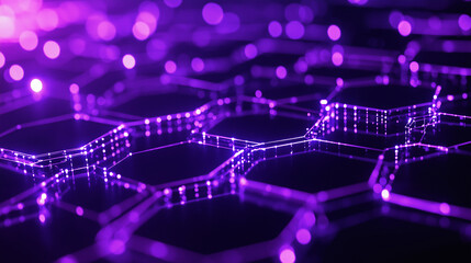 An abstract neural network illustration with glowing purple hexagons connected by thin lines, symbolizing artificial intelligence and complex digital connections