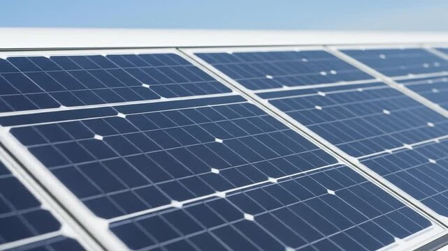 Close-up view of a solar panel array mounted on a light-colored surface under a clear blue sky. 