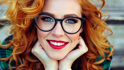 Joyful Redhead: A portrait of a cheerful, stunning redhead adorned with black glasses, radiating pure joy through a bright smile. Her red hair cascades, enhancing her captivating blue eyes. - Powered by Adobe