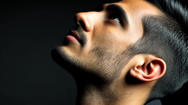 Contemplative Portrait: A striking profile of a man bathed in a dramatic light, his gaze directed upward, conveying introspection and thoughtful reflection.