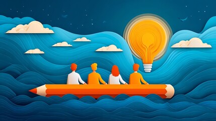 Business team rowing giant pencil across data waves toward a glowing idea bulb island creative campaign planning concept