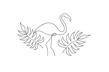 Elegant flamingo tropical leaves minimalist line art drawing