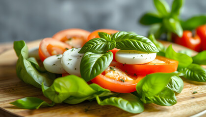 Fresh Caprese salad featuring ripe tomatoes, creamy mozzarella, and aromatic basil—Italian cuisine in stunning photorealism., 8k. isolated with white highlights