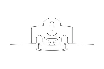 Elegant fountain in front of architectural structure minimalist line art