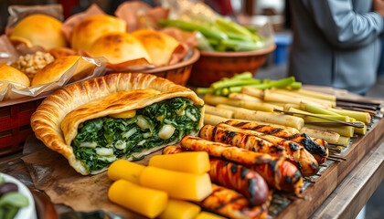 Savory spinach pie, smoky grilled veggies, and authentic local street bites at a bustling traditional food market stall, realistic. isolated with white highlights