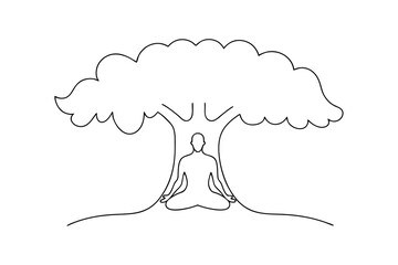 Person meditating under a large tree nature peace mindfulness serenity