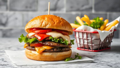 Juicy beef patty burger topped with creamy sauce and crisp veggies, served with golden potato fries in a vibrant red basket on a rustic stone countertop. Classic fast-food delight., studio lighting.