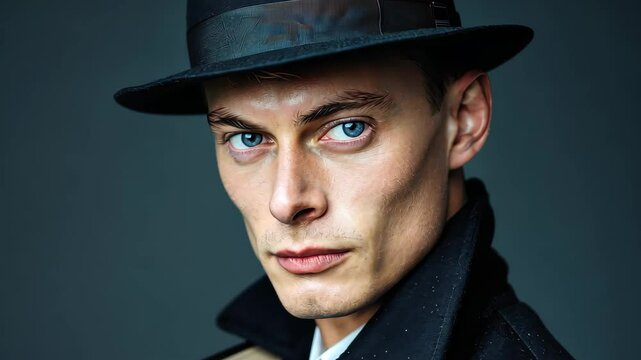 Intriguing Figure in a Hat: A striking, photorealistic close-up portrait of a man in a fedora hat, his intense gaze and subtle smirk hinting at a story untold. Captivating composition.
