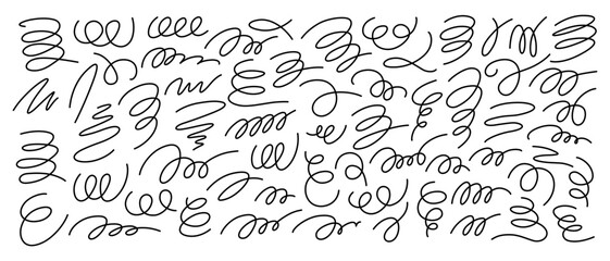 Horizontal rectangular banner filled with thin black contour lines in form of spiral, curls, loops, waves, twisted smooth calligraphic handwritten characters, vortex, signatures. Vector illustration.