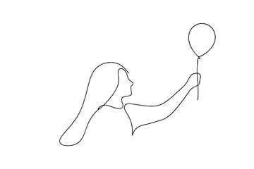 Woman holding a single balloon line art minimalist design