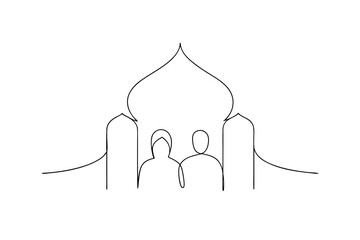 Couple standing before mosque simple line drawing illustration