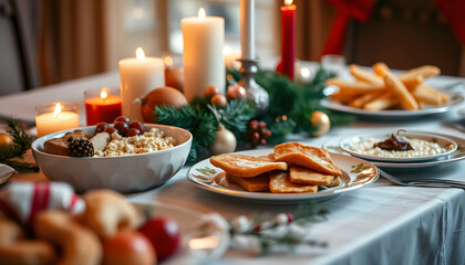 Festive holiday feast spread beautifully set table, close-up. isolated with white highlights