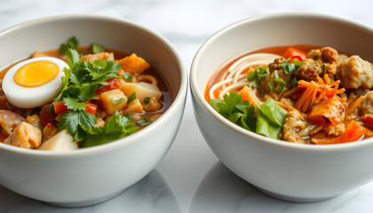 Flavorful Asian dishes served in elegant bowls, dramatic. isolated with white highlights