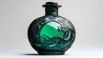 Ornate teal glass bottle with dragon