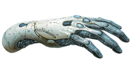 A gleaming robotic hand, isolated on transparent background, extends in a gesture of technological grace