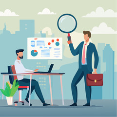 Micromanaging boss, toxic manager monitoring every details, excessive supervision and control of employee work and processes, micromanager boss using magnifying glass keep looking at employee workin