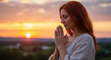 Meditative woman at sunset peaceful landscape emotional content natural environment serene viewpoint