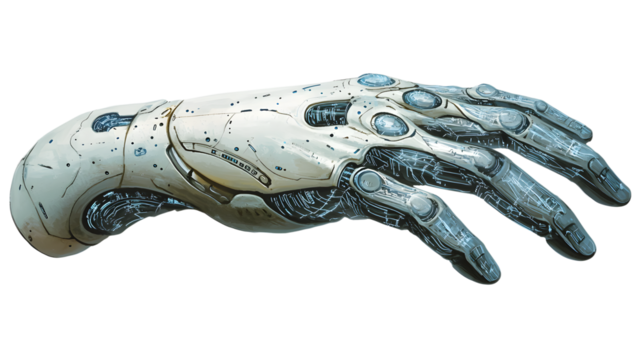 A gleaming robotic hand, isolated on transparent background, extends in a gesture of technological grace - Powered by Adobe