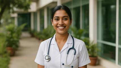 A smiling nurse in uniform with a stethoscope, captured in a medium close-up angle, conveying professionalism and warmth in a healthcare video setting. - Powered by Adobe