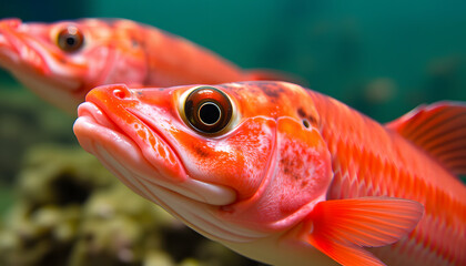 Crimson-hued swimming creature, close-up. isolated with white highlights