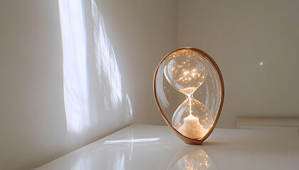 Hourglass with luminous particles flowing, sitting on a white surface in a bright, minimalist room