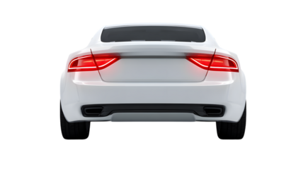 Sleek white sports car rear view showing tail lights and exhaust on isolated on white transparent background for automotive design