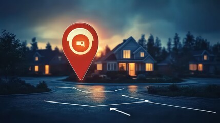 Real estate location concept with GPS pin and house icons, representing property search, map-based home listings, and smart housing navigation.