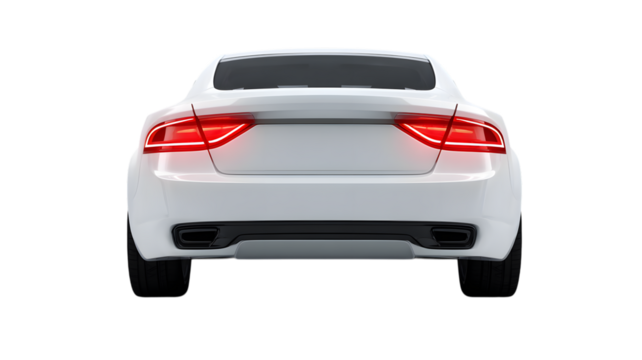 Sleek white sports car rear view showing tail lights and exhaust on isolated on white transparent background for automotive design