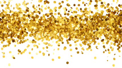 Sparkling golden confetti falling against isolated on white transparent background for celebration and festive designs suitable for greeting cards and party invitations