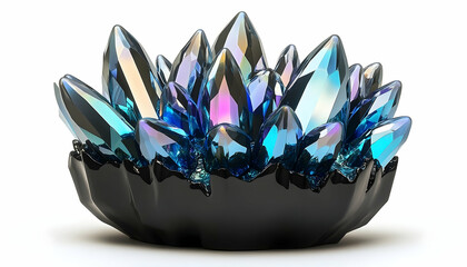 Cluster of iridescent crystals in a dark bowl