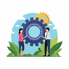 Business integration, partnership to get solution, connection or teamwork, work efficiency, optimization or organization concept, business people team colleagues connecting cogwheel gear togethe