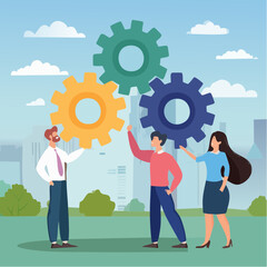 Business integration, partnership to get solution, connection or teamwork, work efficiency, optimization or organization concept, business people team colleagues connecting cogwheel gear togethe
