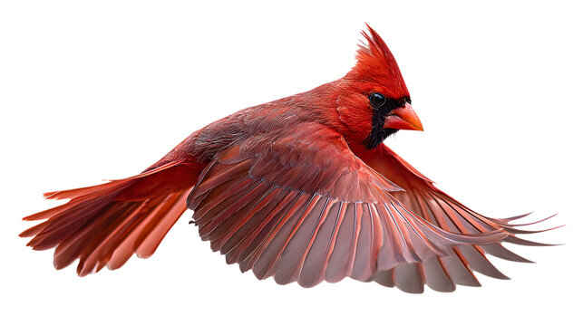 A vibrant red cardinal in flight, wings spread wide, isolated on transparent background