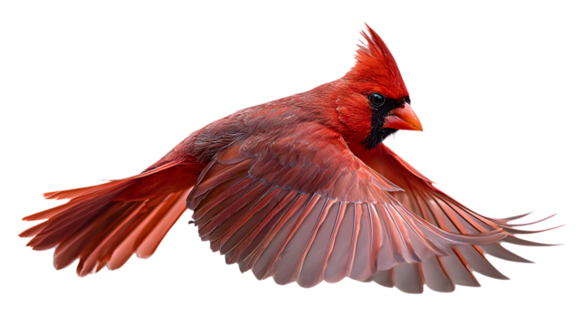 A vibrant red cardinal in flight, wings spread wide, isolated on transparent background